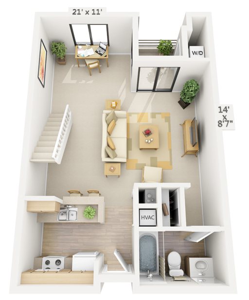 Floor plan for studio, 1 bath, 665 sqft